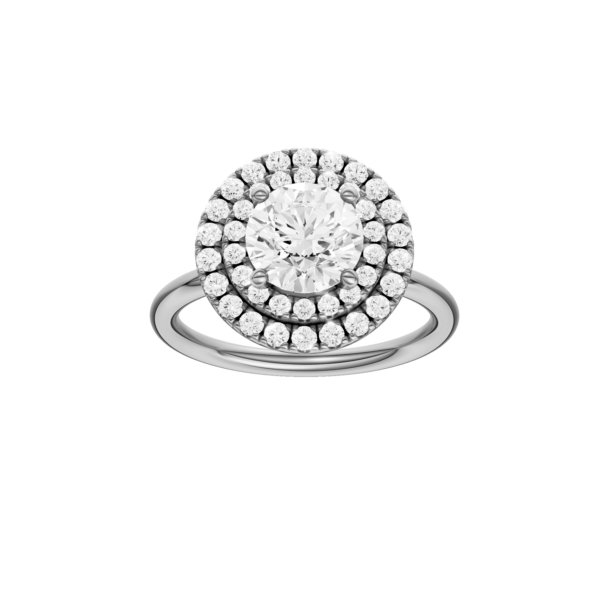 Round-cut diamond engagement ring with a plain band and double-halo setting.