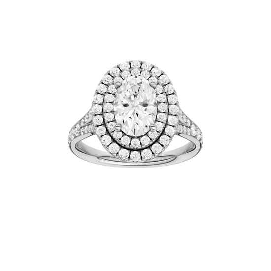 Oval-cut diamond engagement ring with a channel-set diamond band and double-halo setting.