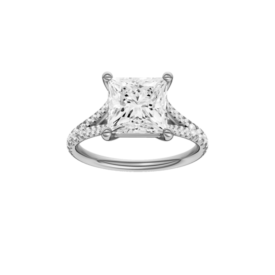 Princess-cut diamond engagement ring with a prong-set diamond band and solitaire setting.