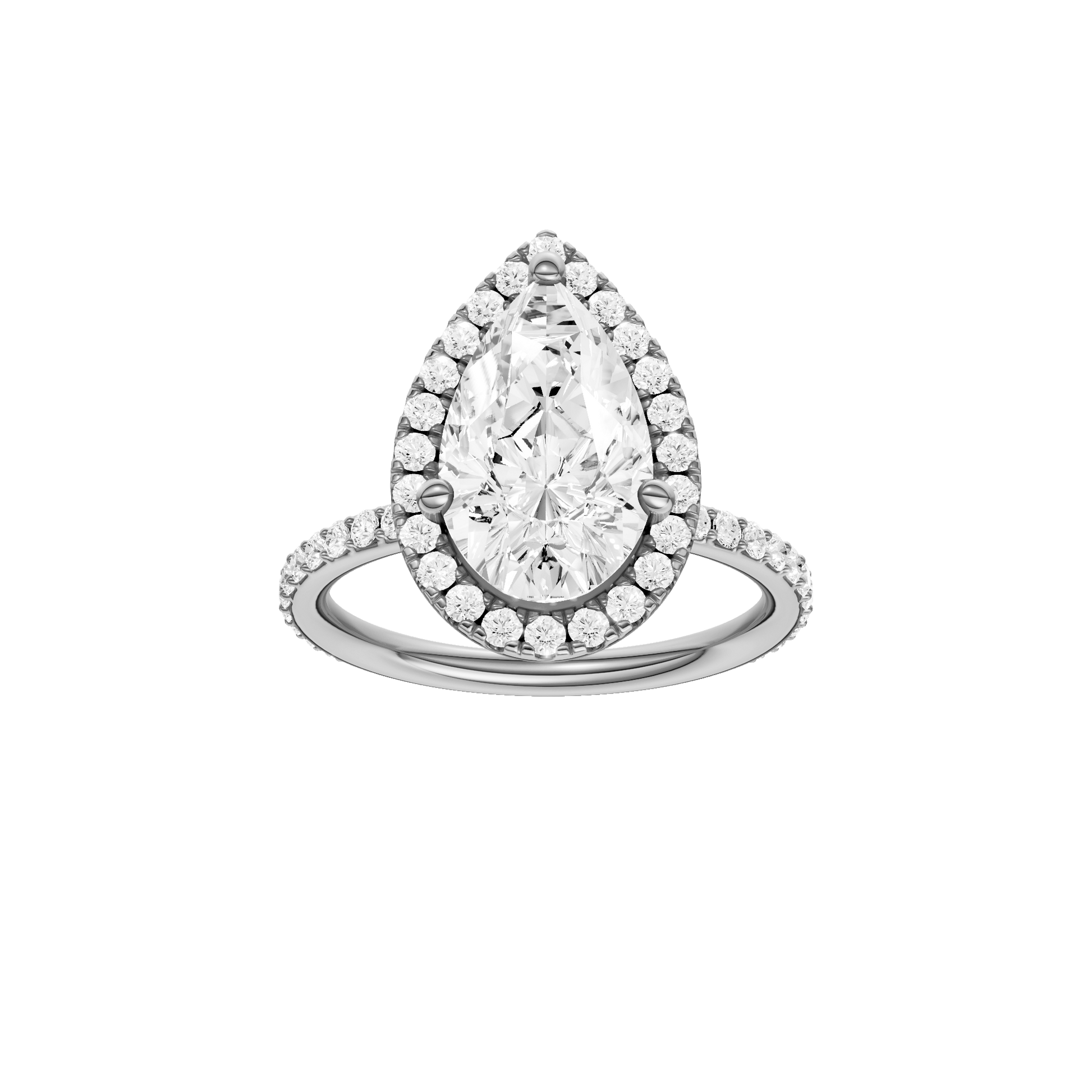 Pear-cut diamond engagement ring with a prong-set diamond band and halo setting.