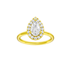Pear-cut diamond engagement ring with a plain band and halo setting.