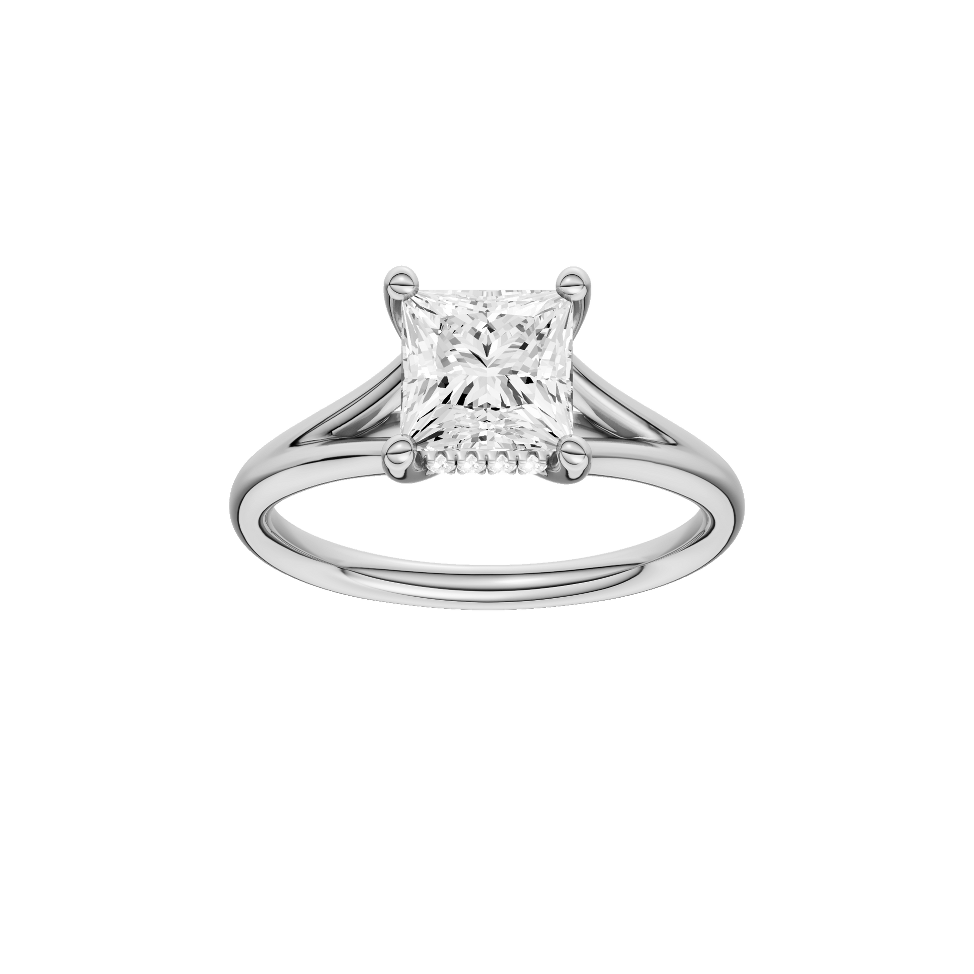 Princess-cut diamond engagement ring with a plain band and hidden-halo setting.