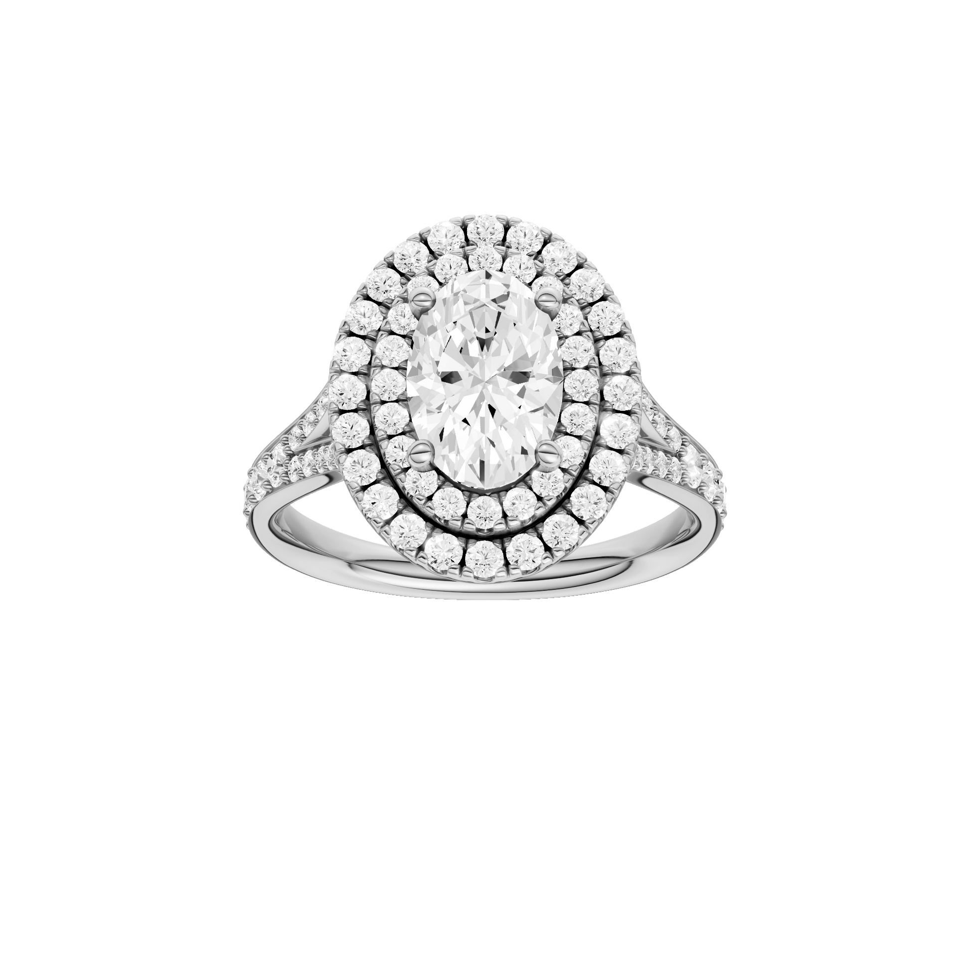 Oval-cut diamond engagement ring with a channel-set diamond band and double-halo setting.