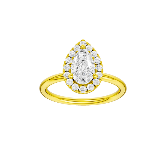 Pear-cut diamond engagement ring with a plain band and halo setting.
