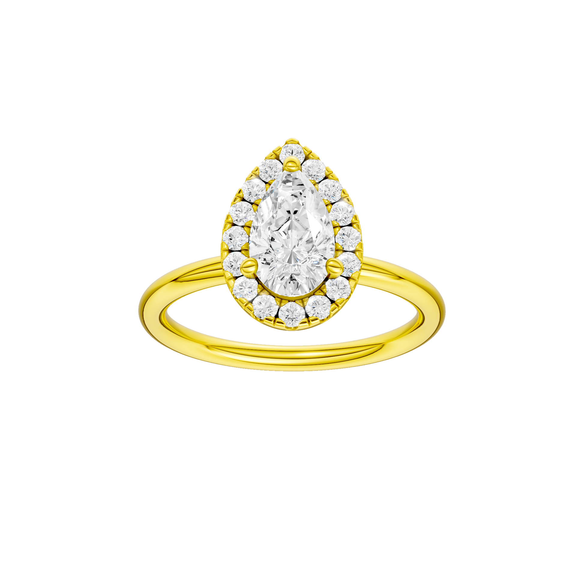 Pear-cut diamond engagement ring with a plain band and halo setting.