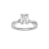 Emerald-cut diamond engagement ring in 14k white gold with a prong-set diamond band and twist setting