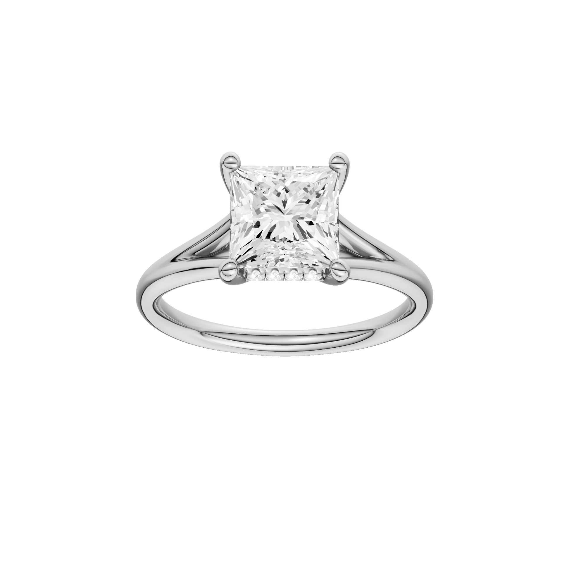 Princess-cut diamond engagement ring with a plain band and hidden-halo setting.