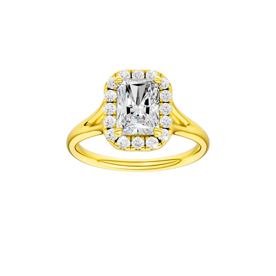 Radiant-cut diamond engagement ring with a plain band and halo setting.