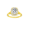 Radiant-cut diamond engagement ring with a plain band and halo setting.