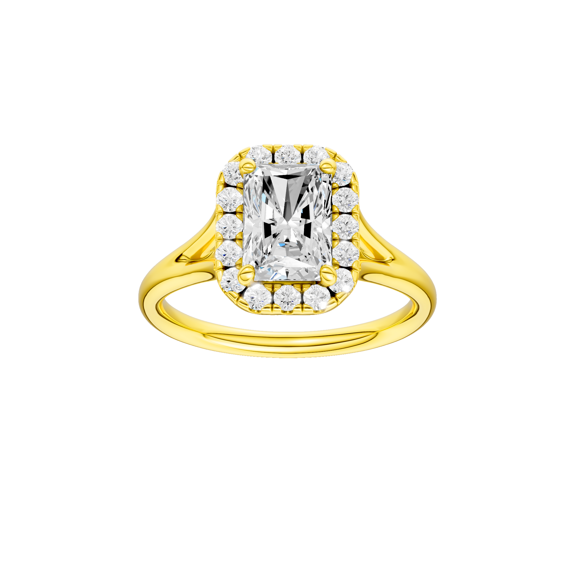 Radiant-cut diamond engagement ring with a plain band and halo setting.