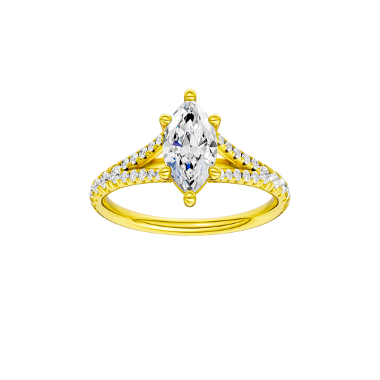 Marquise-cut diamond engagement ring with a prong-set diamond band and solitaire setting.