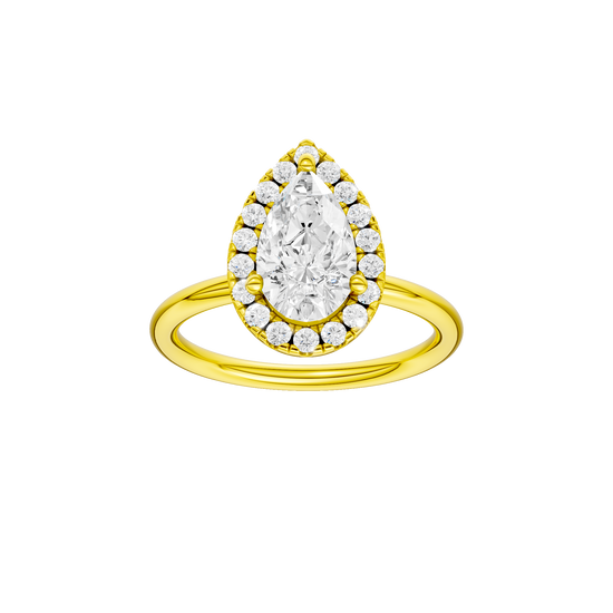 Pear-cut diamond engagement ring with a plain band and halo setting.