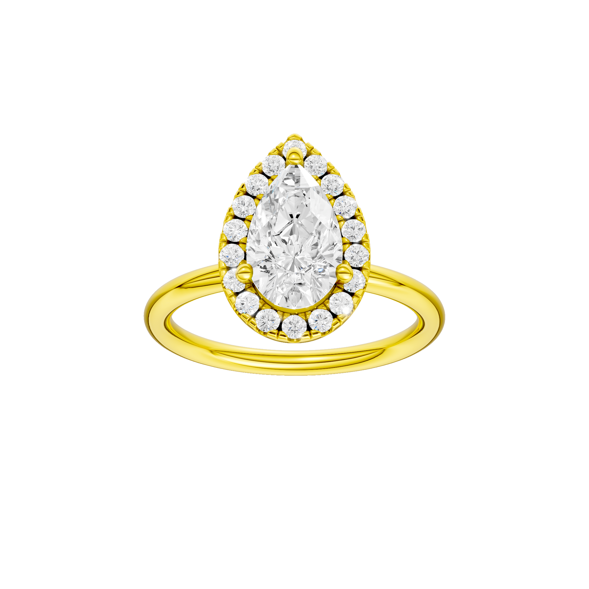 Pear-cut diamond engagement ring with a plain band and halo setting.