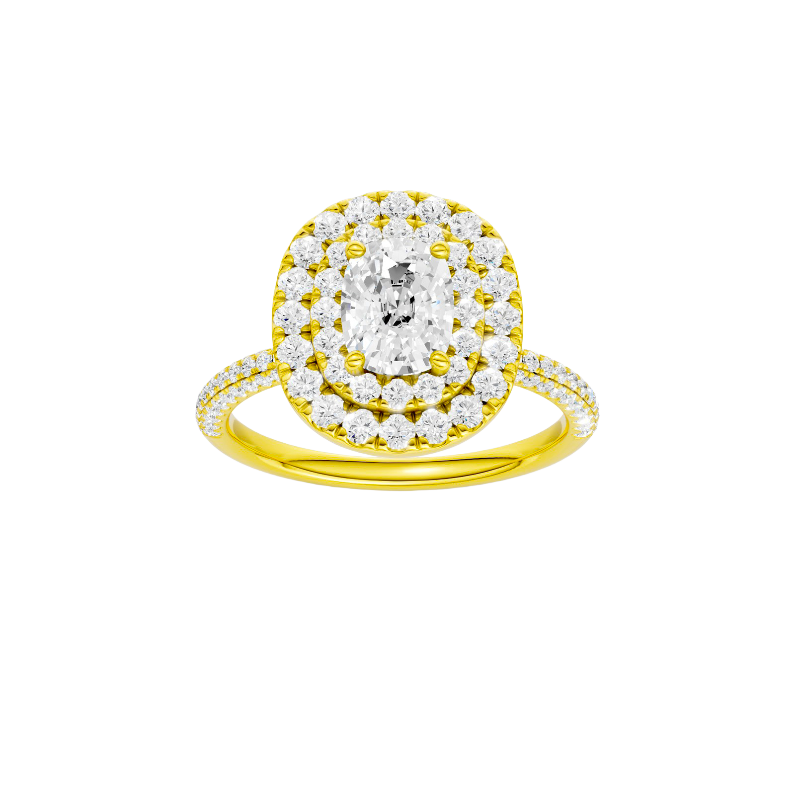 Elongated cushion-cut diamond engagement ring with a pavé-set diamond band and double-halo setting.