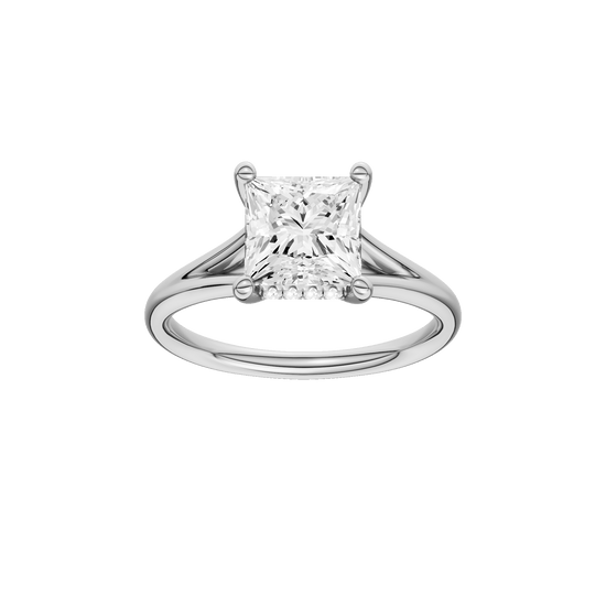 Princess-cut diamond engagement ring with a plain band and hidden-halo setting.