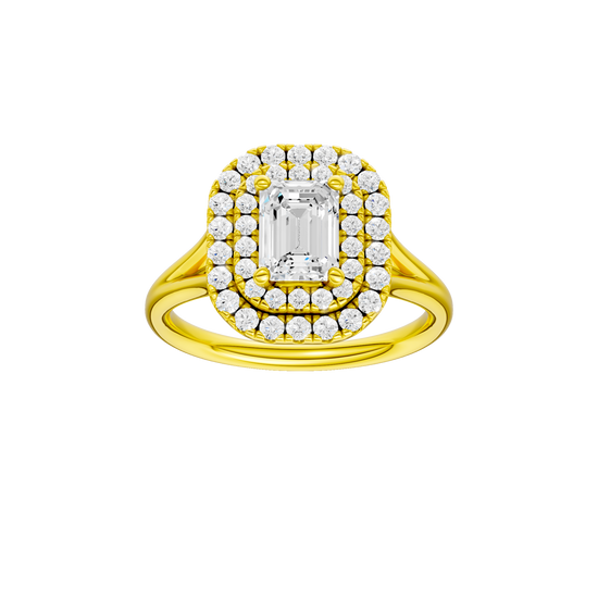 Emerald-cut diamond engagement ring with a plain band and double-halo setting.