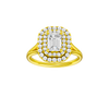 Emerald-cut diamond engagement ring with a plain band and double-halo setting.