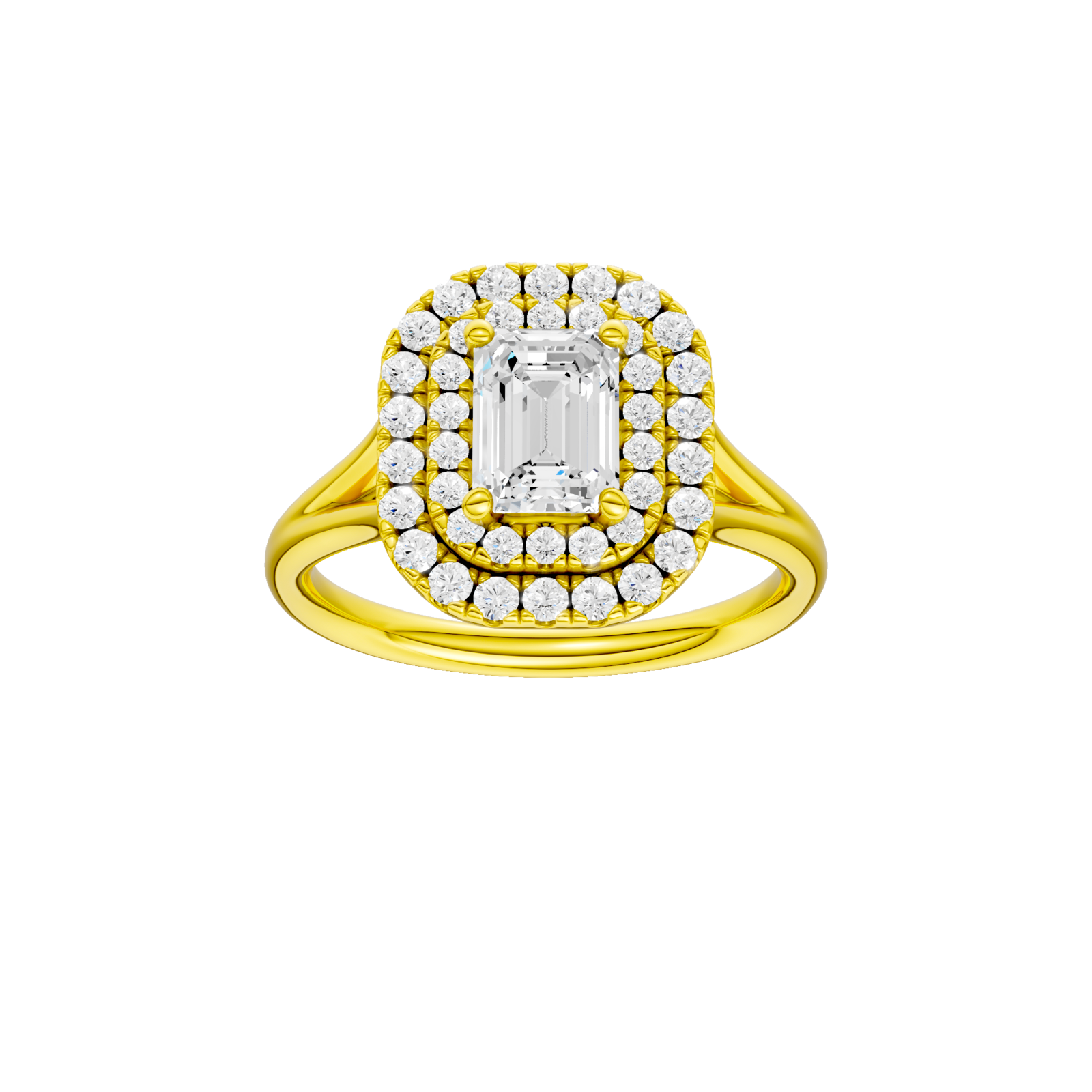 Emerald-cut diamond engagement ring with a plain band and double-halo setting.