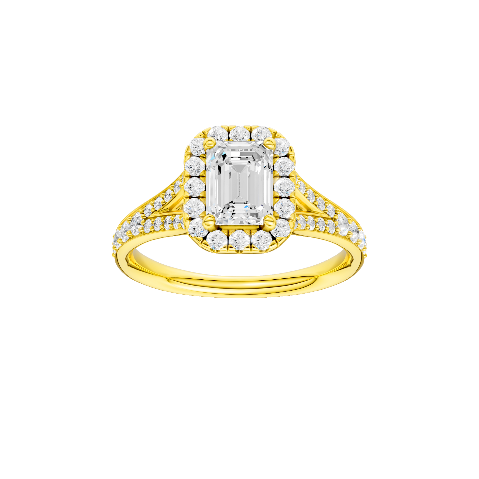 Emerald-cut diamond engagement ring with a channel-set diamond band and halo setting.