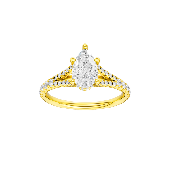 Pear-cut diamond engagement ring with a prong-set diamond band and hidden-halo setting.