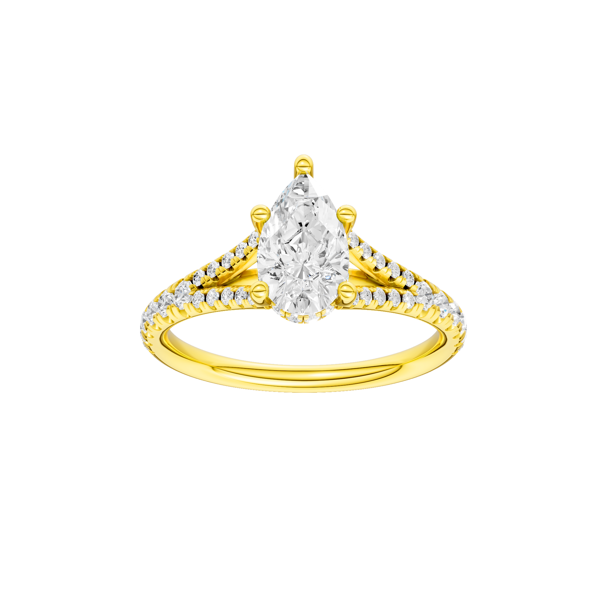 Pear-cut diamond engagement ring with a prong-set diamond band and hidden-halo setting.