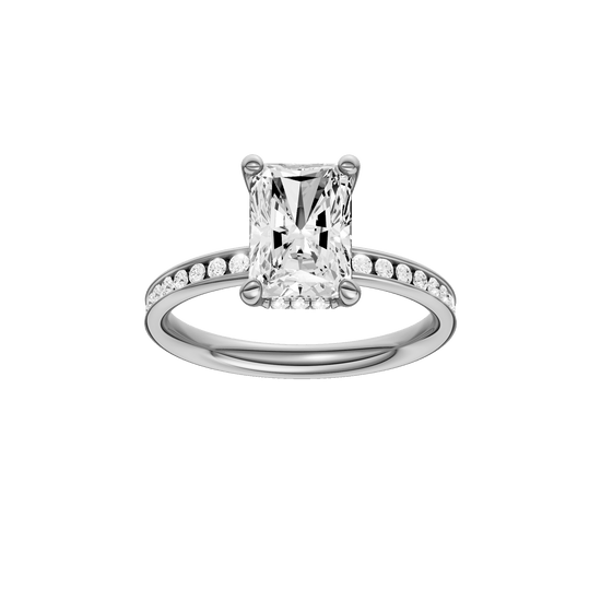 Radiant-cut diamond engagement ring with a channel-set diamond band and hidden-halo setting.