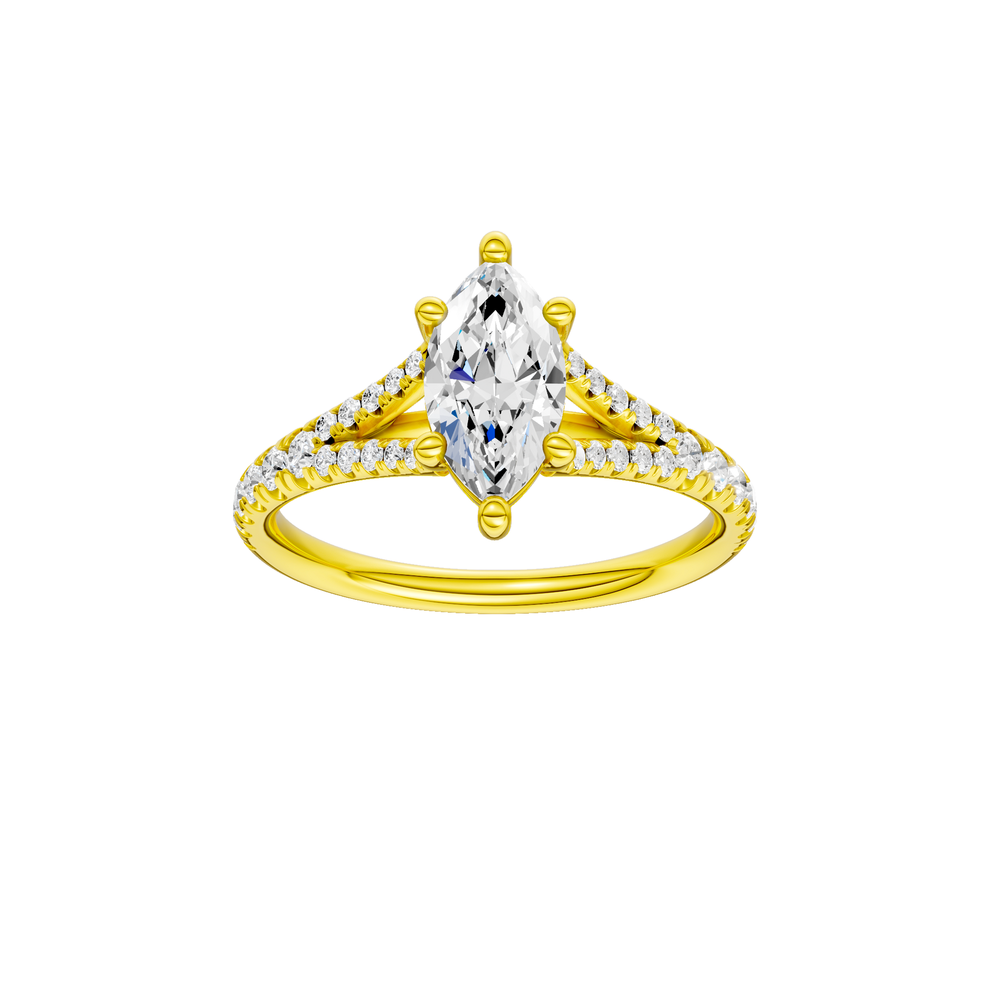 Marquise-cut diamond engagement ring with a prong-set diamond band and solitaire setting.