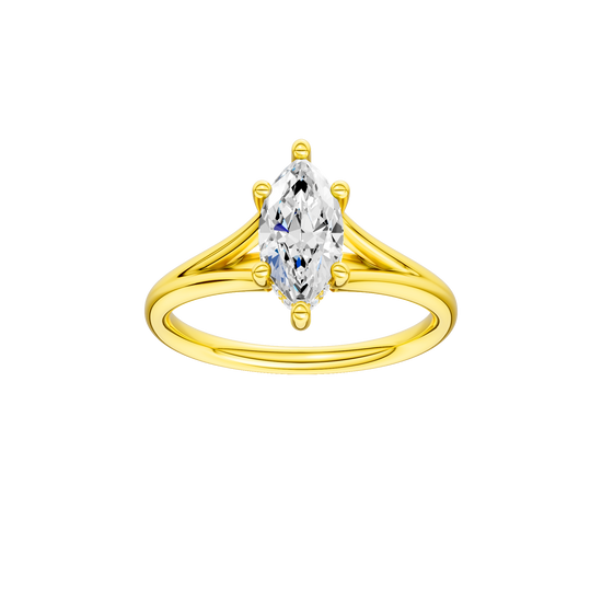 Marquise-cut diamond engagement ring with a plain band and hidden-halo setting.