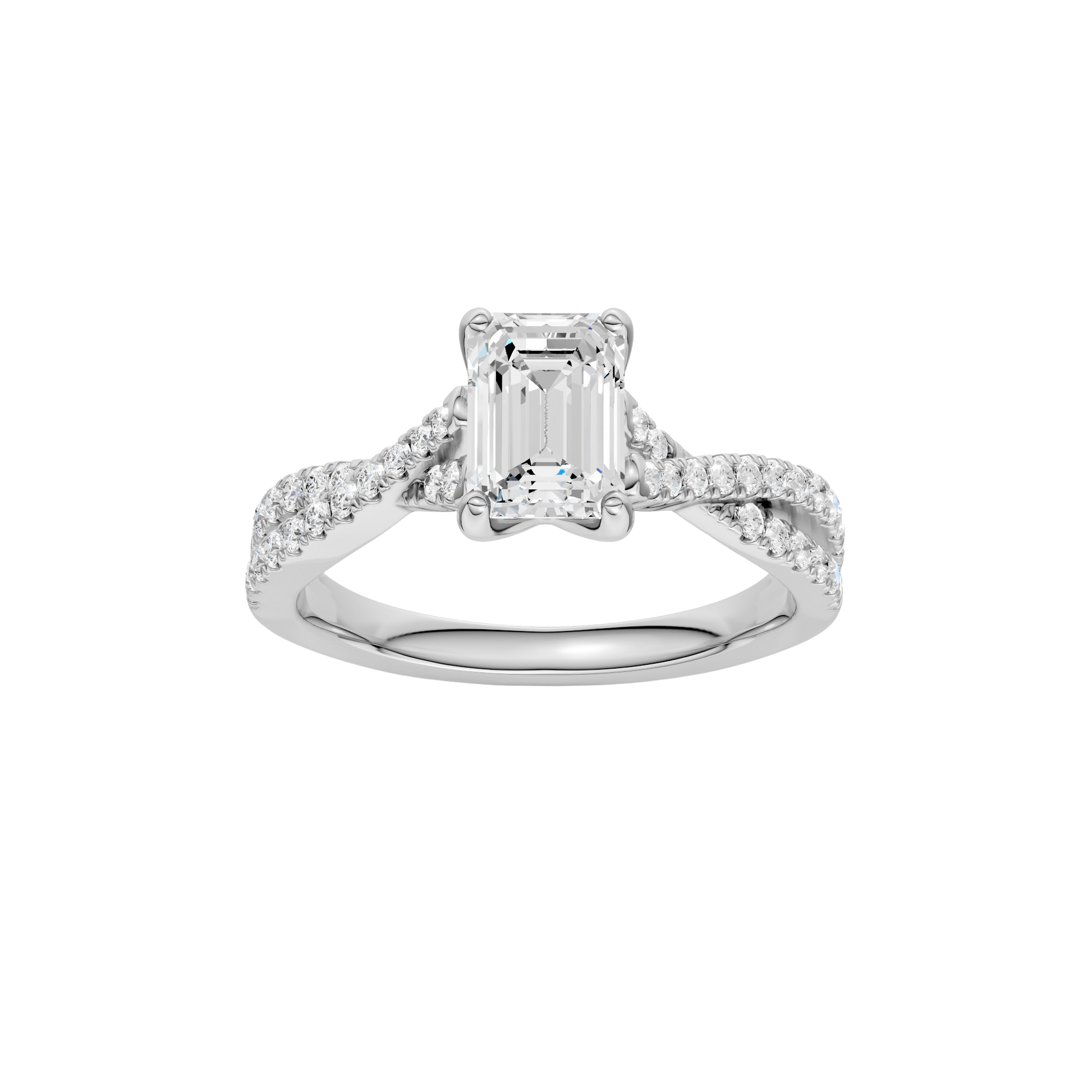 Emerald-cut diamond engagement ring in 14k white gold with a prong-set diamond band and twist setting