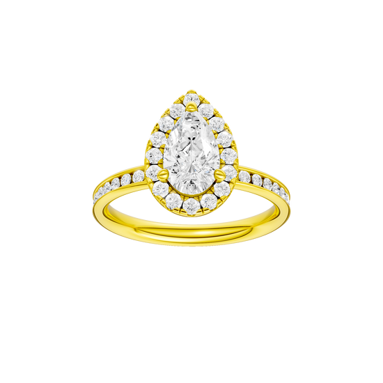 Pear-cut diamond engagement ring with a channel-set diamond band and halo setting.