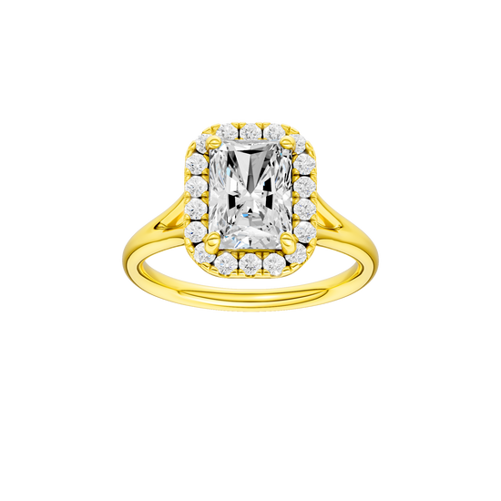 Radiant-cut diamond engagement ring with a plain band and halo setting.