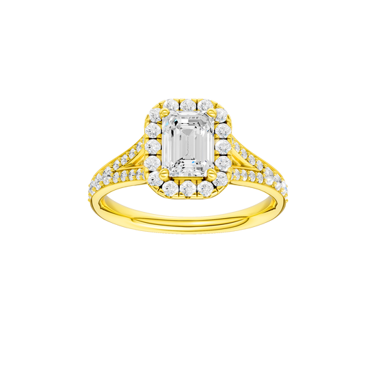 Emerald-cut diamond engagement ring with a channel-set diamond band and halo setting.