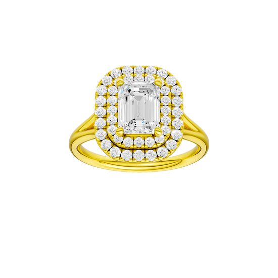 Emerald-cut diamond engagement ring with a plain band and double-halo setting.
