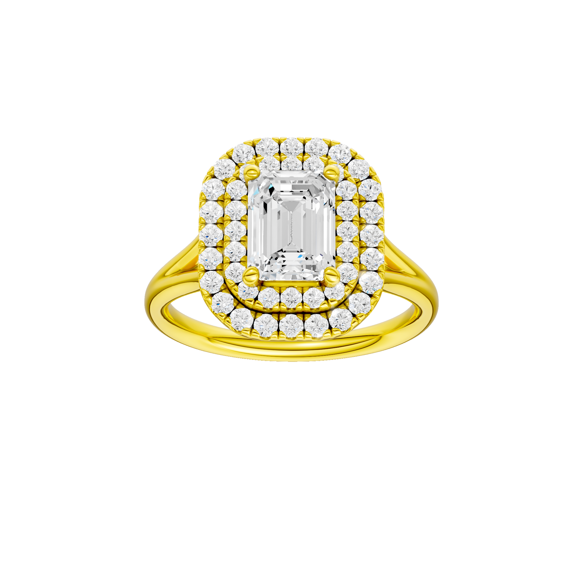 Emerald-cut diamond engagement ring with a plain band and double-halo setting.