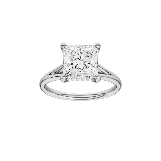 Princess-cut diamond engagement ring with a plain band and hidden-halo setting.