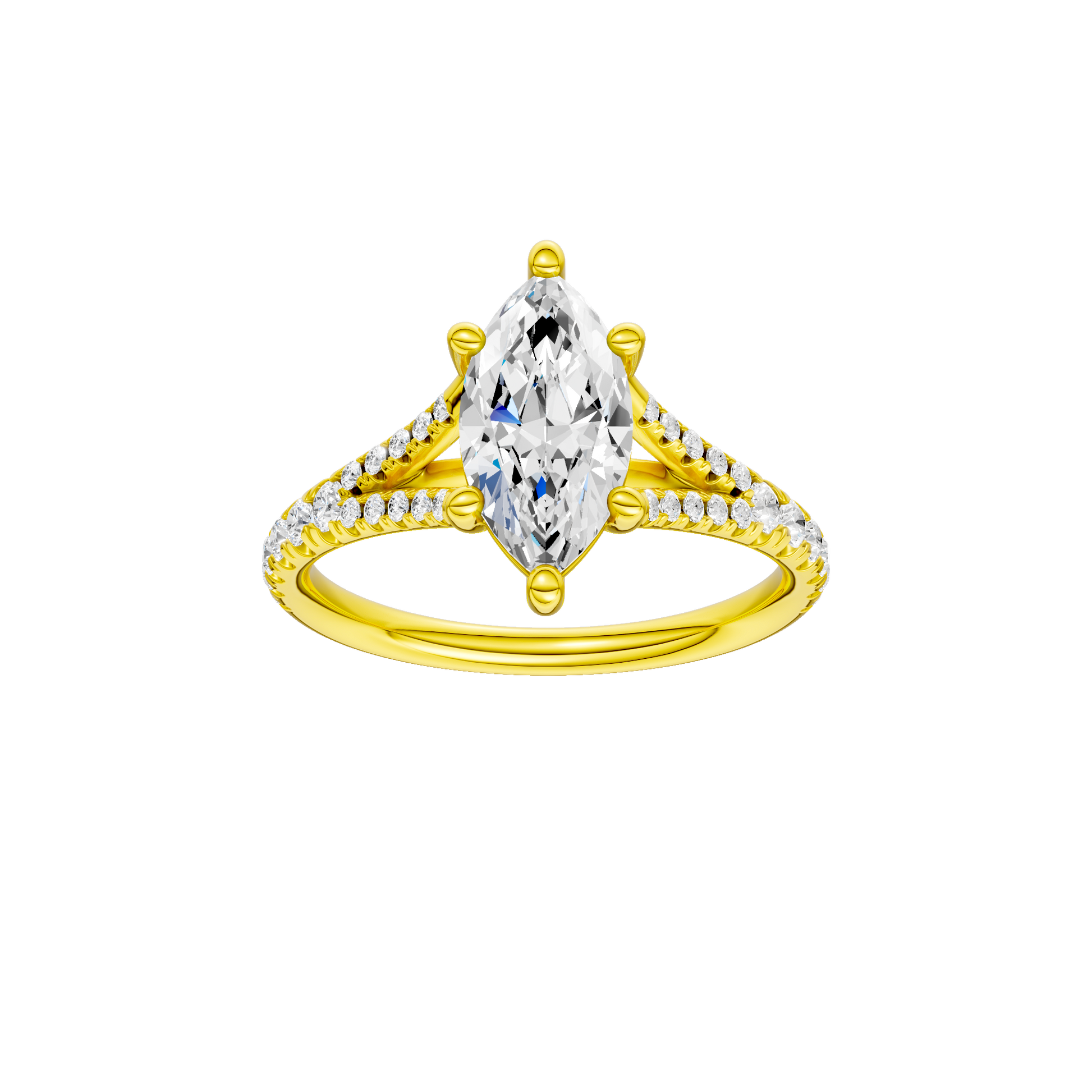 Marquise-cut diamond engagement ring with a prong-set diamond band and solitaire setting.