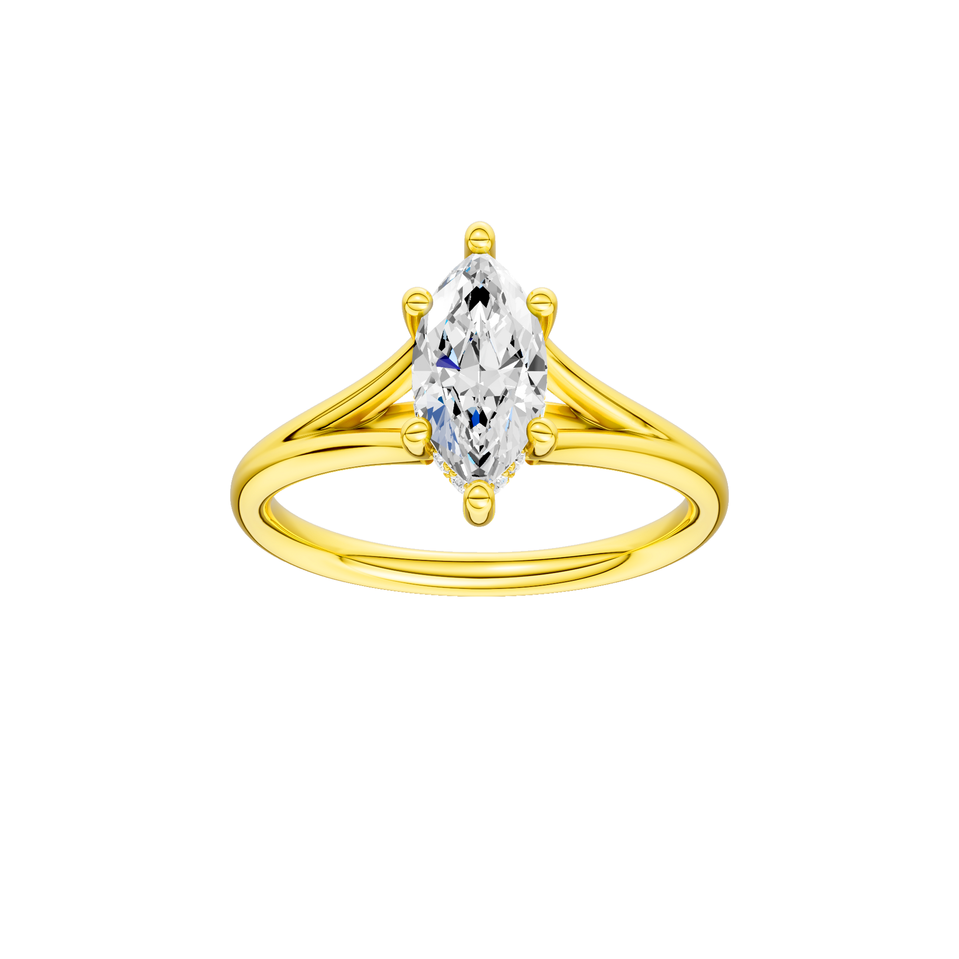 Marquise-cut diamond engagement ring with a plain band and hidden-halo setting.