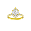 Pear-cut diamond engagement ring with a channel-set diamond band and halo setting.