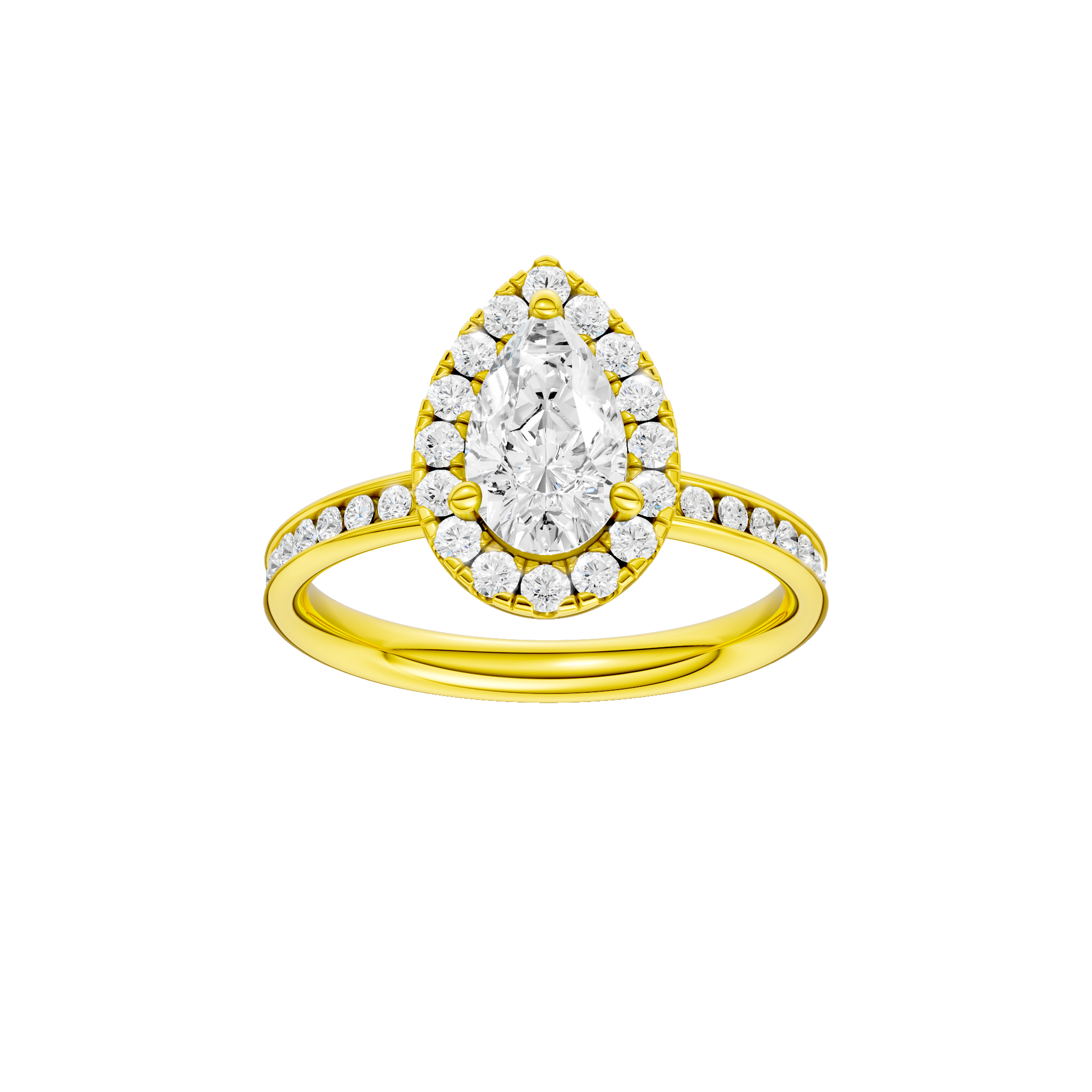 Pear-cut diamond engagement ring with a channel-set diamond band and halo setting.