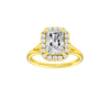 Radiant-cut diamond engagement ring with a plain band and halo setting.