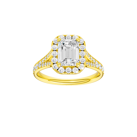 Emerald-cut diamond engagement ring with a channel-set diamond band and halo setting.