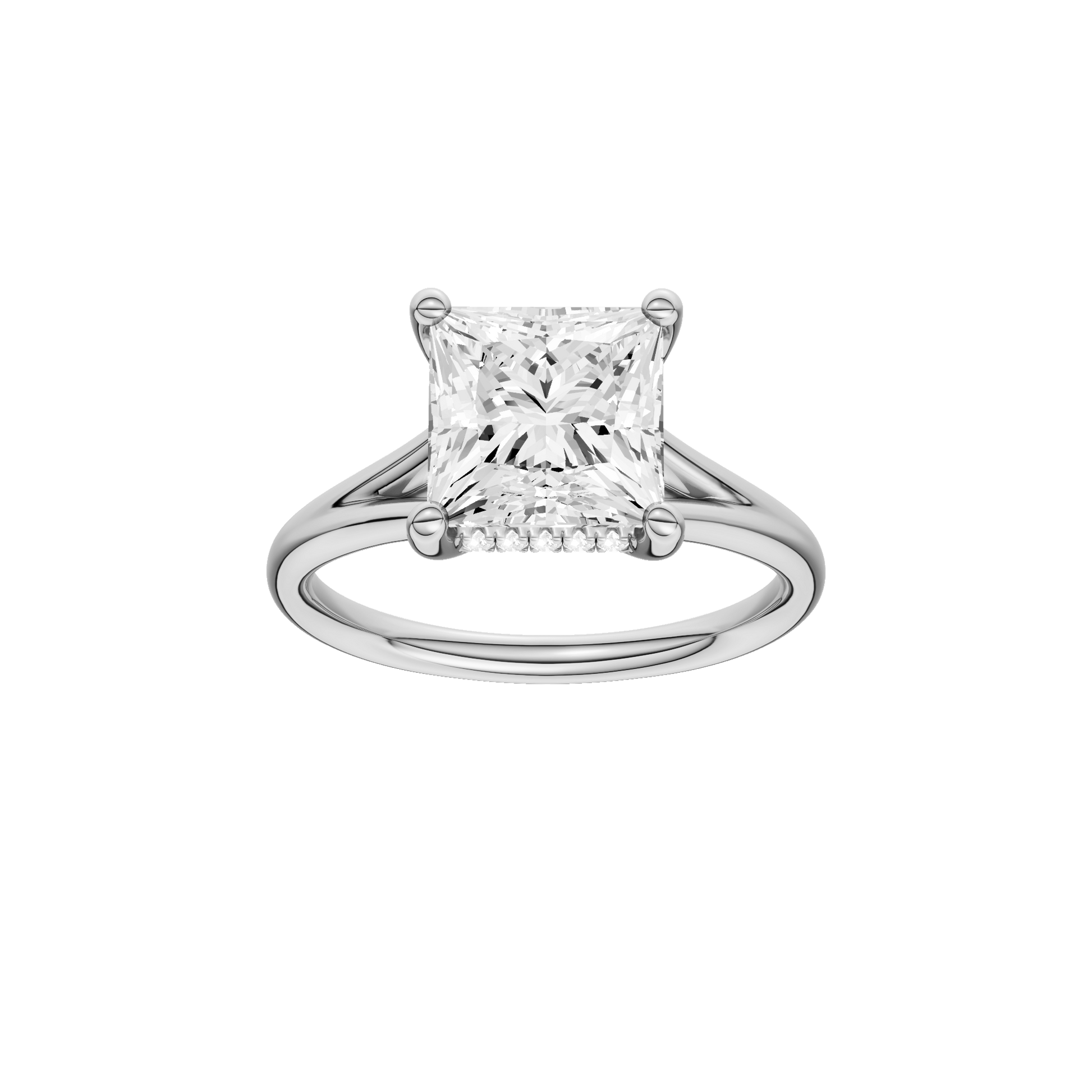 Princess-cut diamond engagement ring with a plain band and hidden-halo setting.