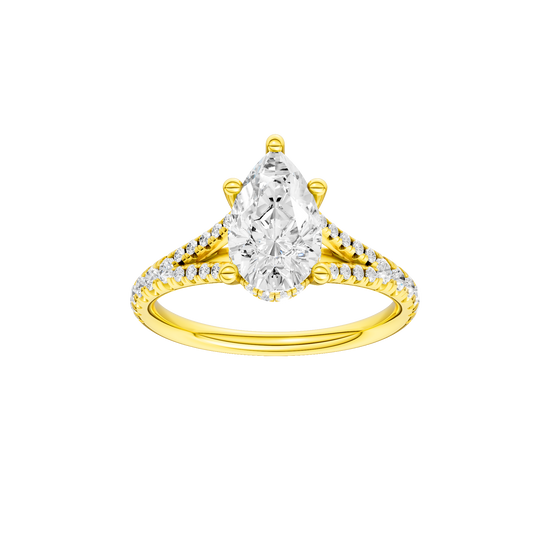 Pear-cut diamond engagement ring with a prong-set diamond band and hidden-halo setting.