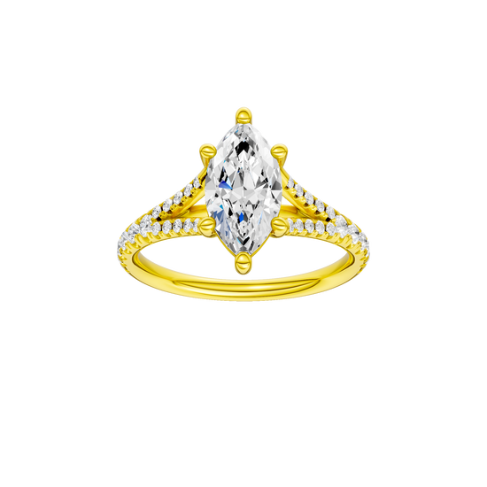 Marquise-cut diamond engagement ring with a prong-set diamond band and solitaire setting.