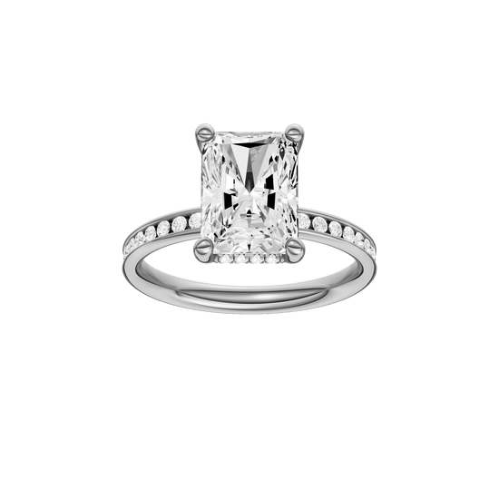 Radiant-cut diamond engagement ring with a channel-set diamond band and hidden-halo setting.