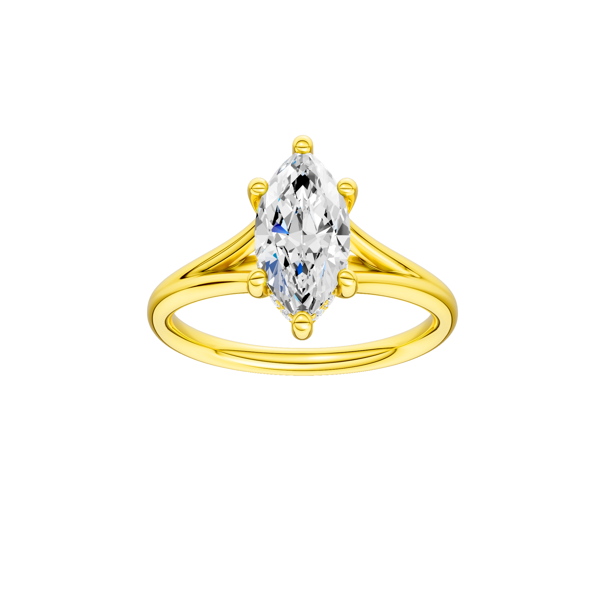 Marquise-cut diamond engagement ring with a plain band and hidden-halo setting.