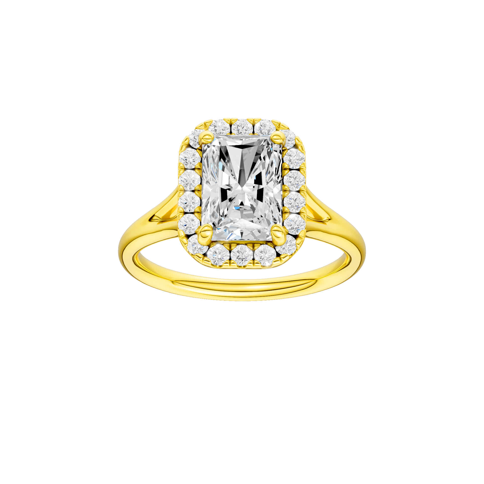 Radiant-cut diamond engagement ring with a plain band and halo setting.