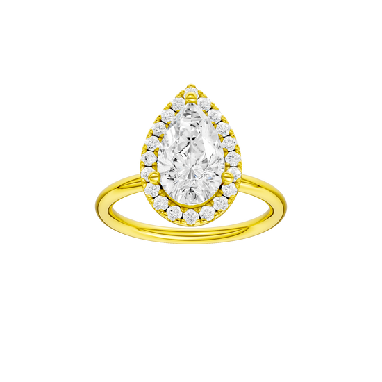 Pear-cut diamond engagement ring with a plain band and halo setting.
