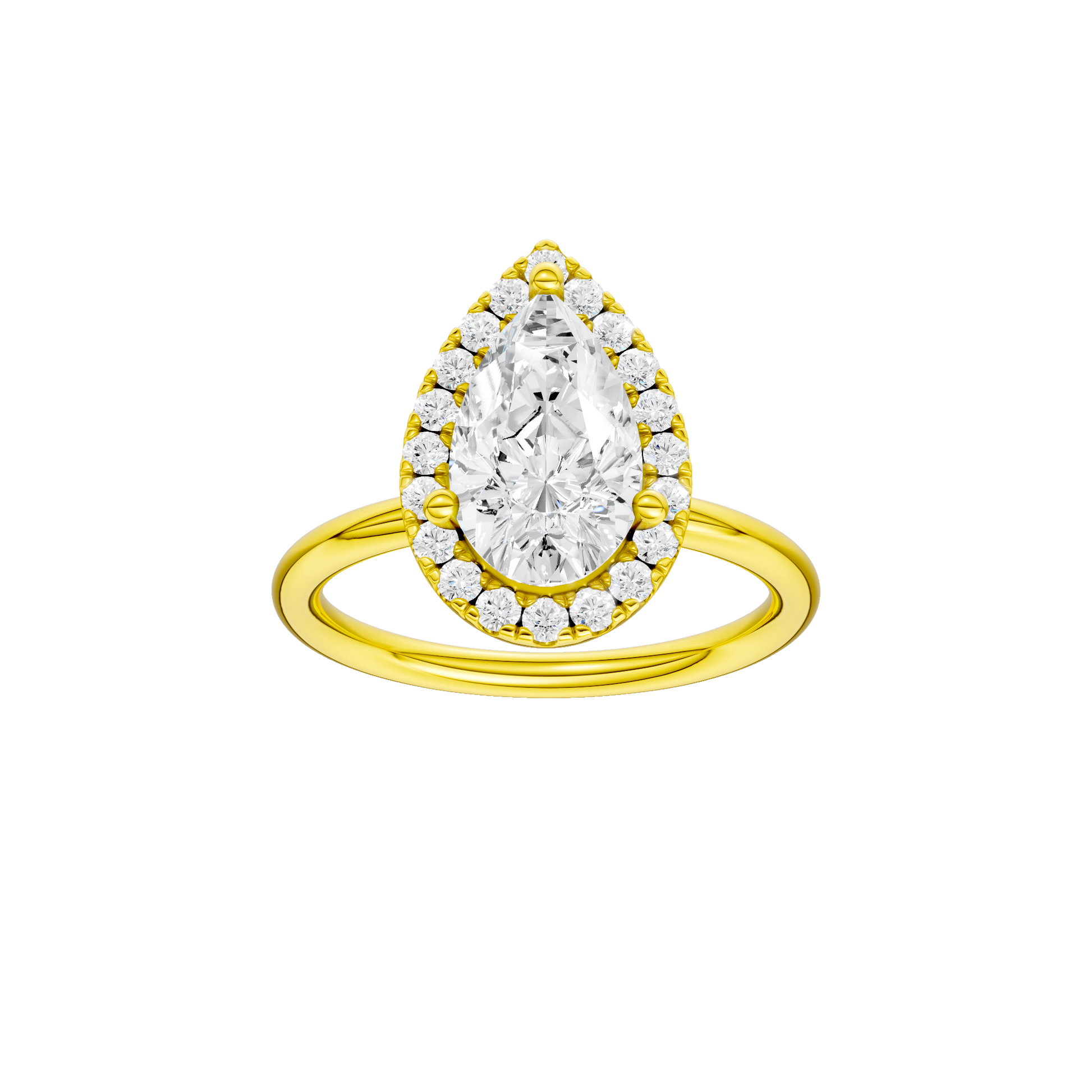 Pear-cut diamond engagement ring with a plain band and halo setting.