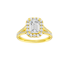 Emerald-cut diamond engagement ring with a channel-set diamond band and halo setting.